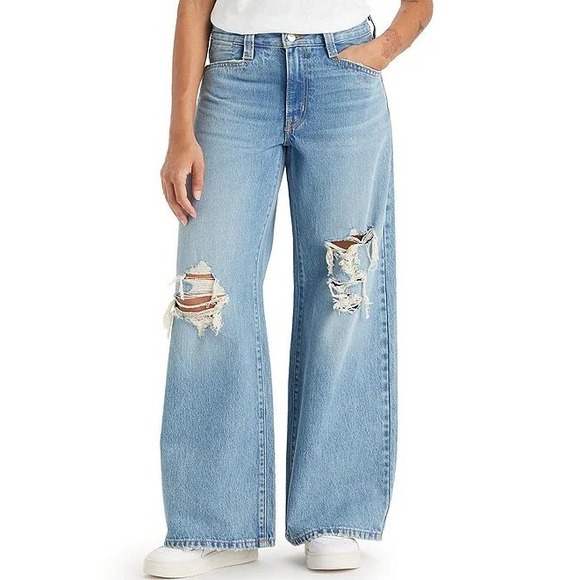 Levis 94 Baggy Wide Leg Jeans Womens Size 26 Ripped Distressed Light Wash Denim - Picture 10 of 10